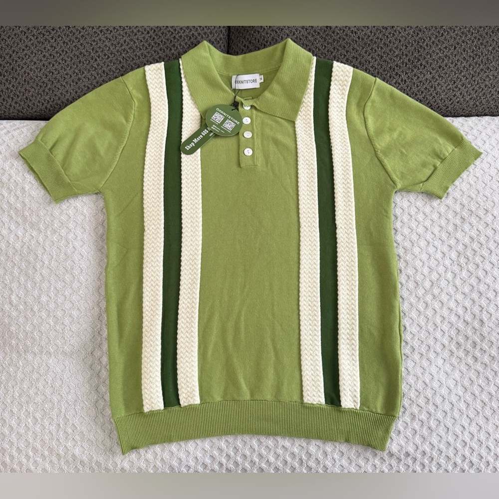OXKnit 60s Green Vertical Stripe Knit Polo Shirt Retro Mod Style Medium Cotton